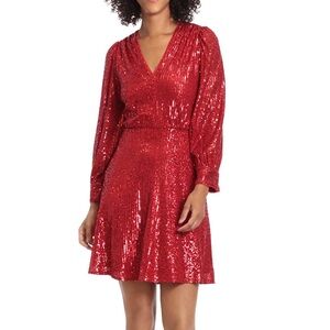 Maggy London Red Sequin Long Sleeve Cocktail Dress Size 14 Holiday Party Glam